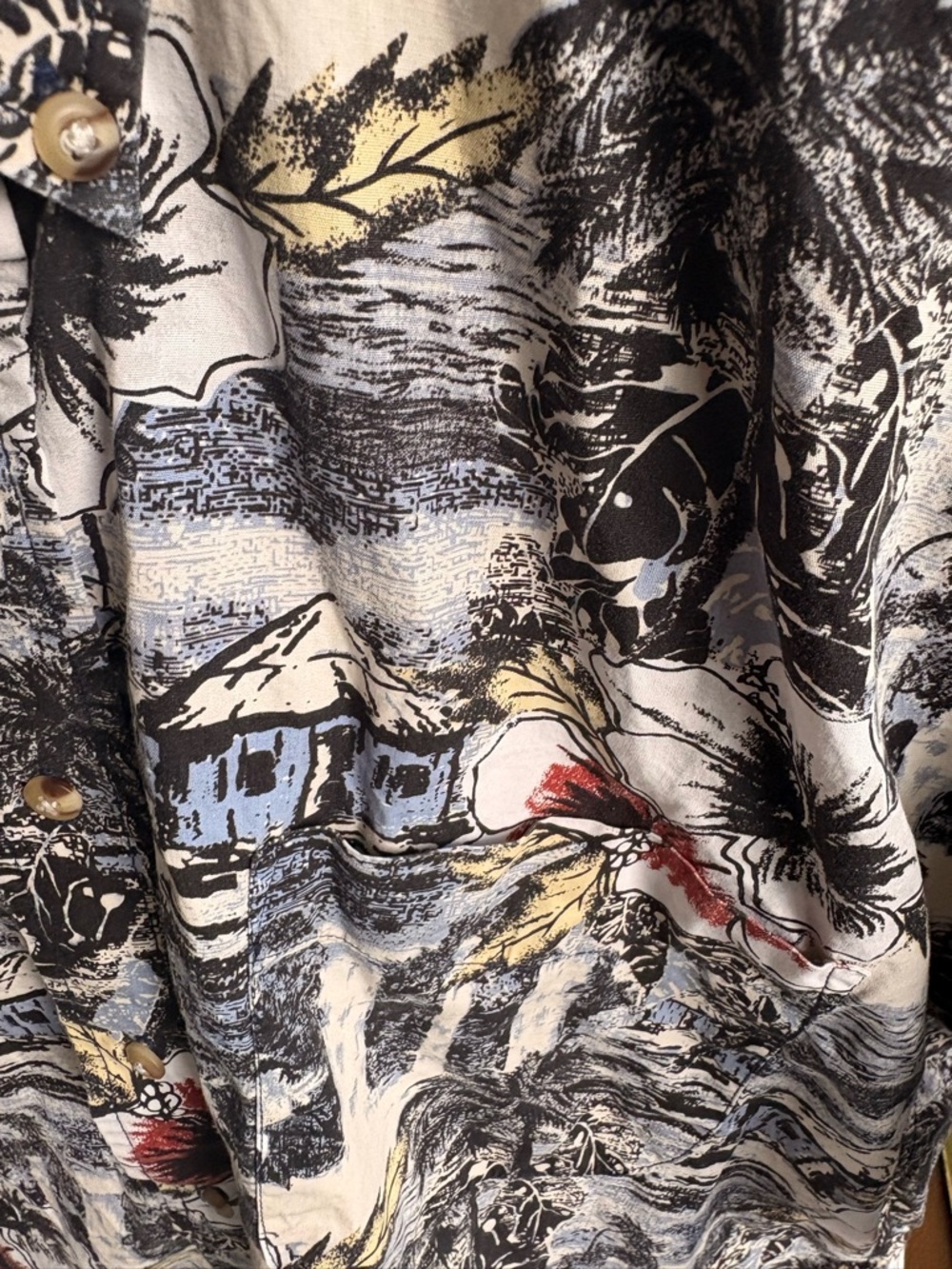 Casual Floral Print Button-Down Shirt - Black/White with Red Accents - Picture 3 of 4